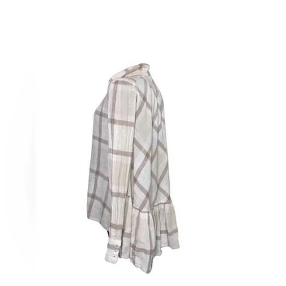 Free People Brown Plaid Snap Button High Low Ruffled Trim Blouse Top - Picture 4 of 4